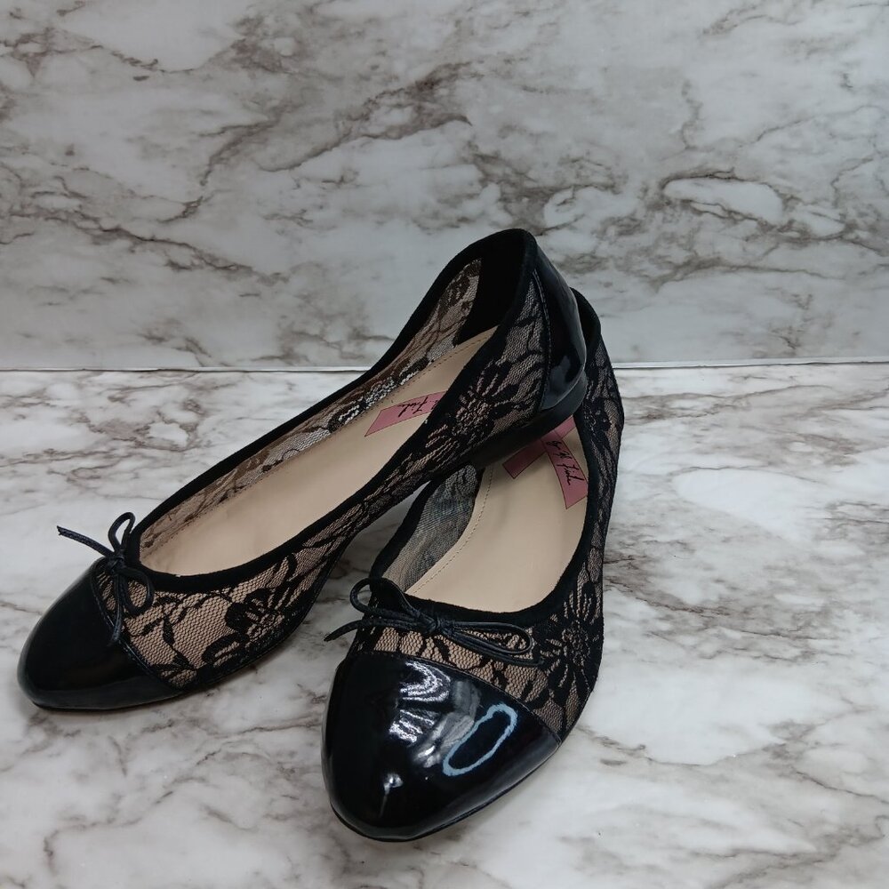 MARC FISHER JODI Leather Ballet Flats 9.5  Black Floral Lace Bow Coquette